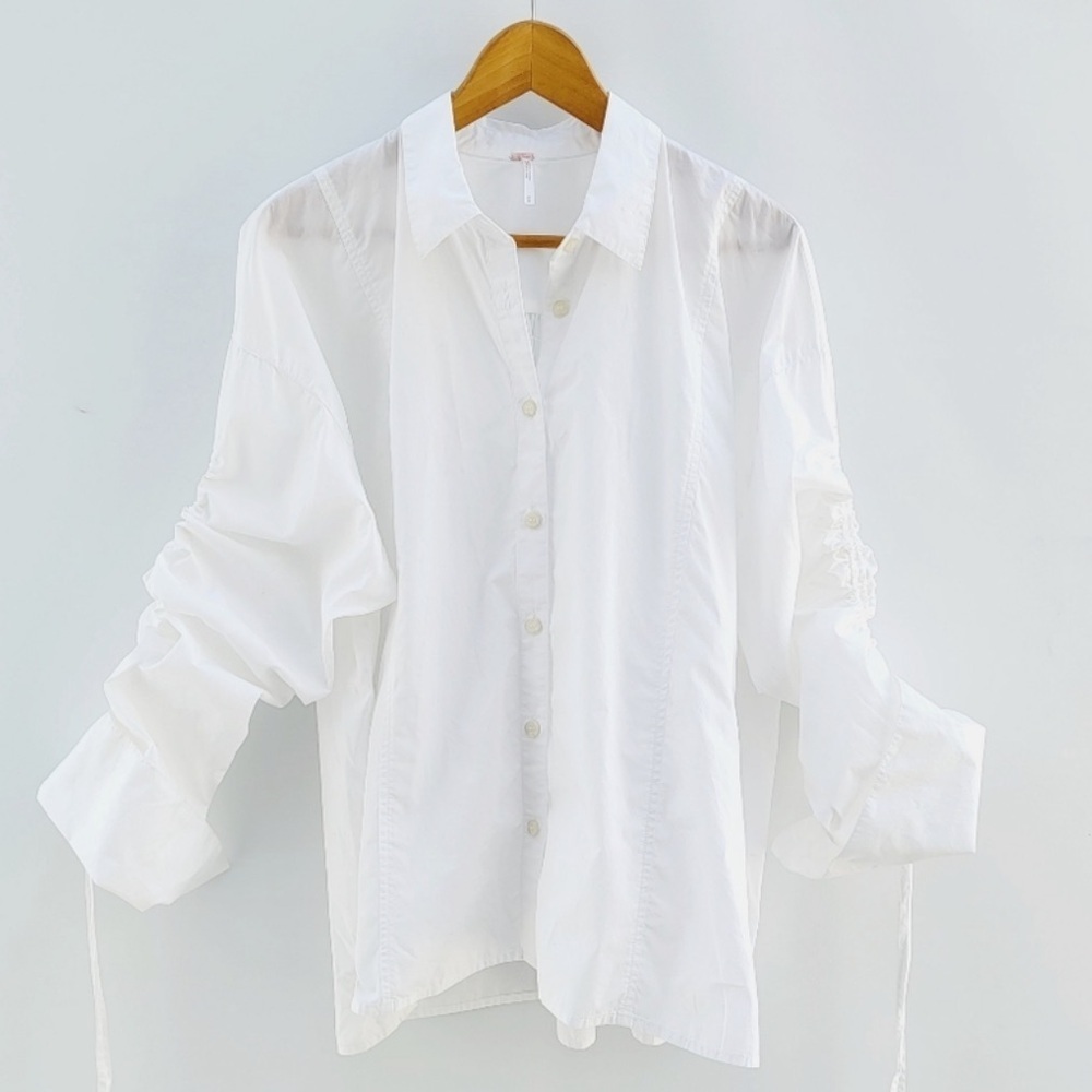 Free People Brown Eyed Girl White Poplin Boyfriend Ruched Sleeves Blouse Shirt - Picture 13 of 15